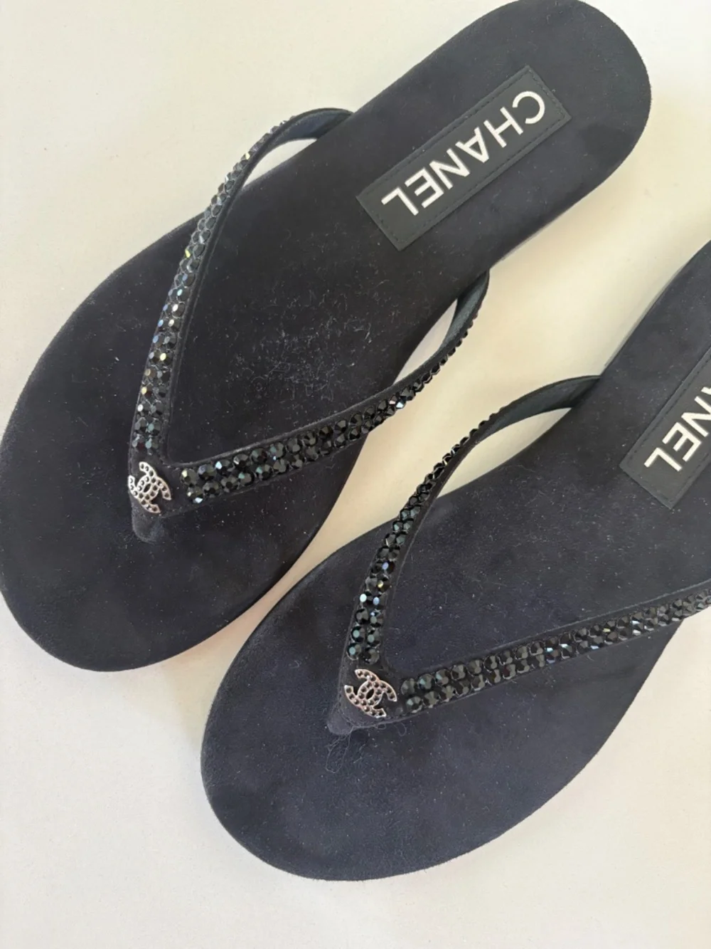 CHANEL Black Crystal CC Thong Sandals Flip Flops 36.5